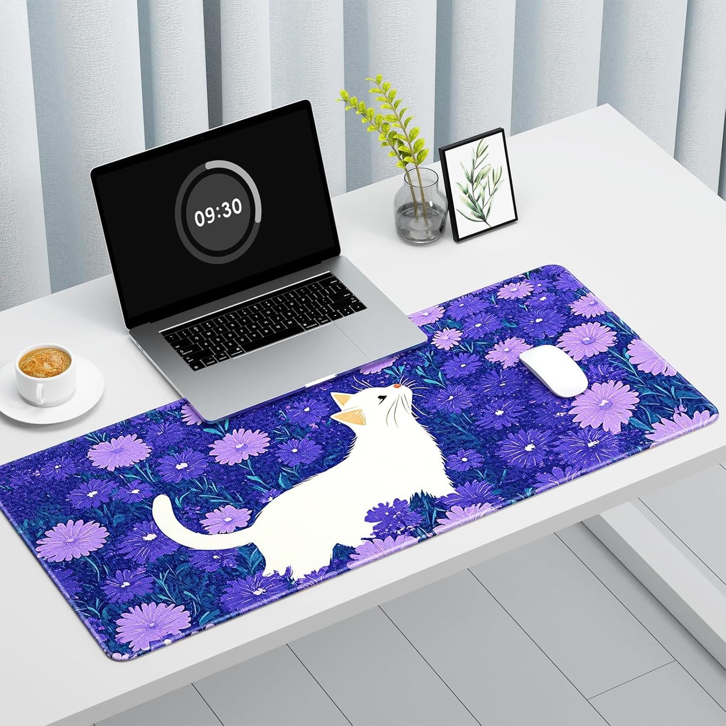 Auhoahsil Large Gaming Mouse Pad, Cute Cat XXL 35.4 x 15.7 in Desk Pad Stitched Non-Slip Rubber Long Computer Mousepad Thin Extended Full Size Desk Mat for Desktop, Laptop, Wireless Mice, Purple