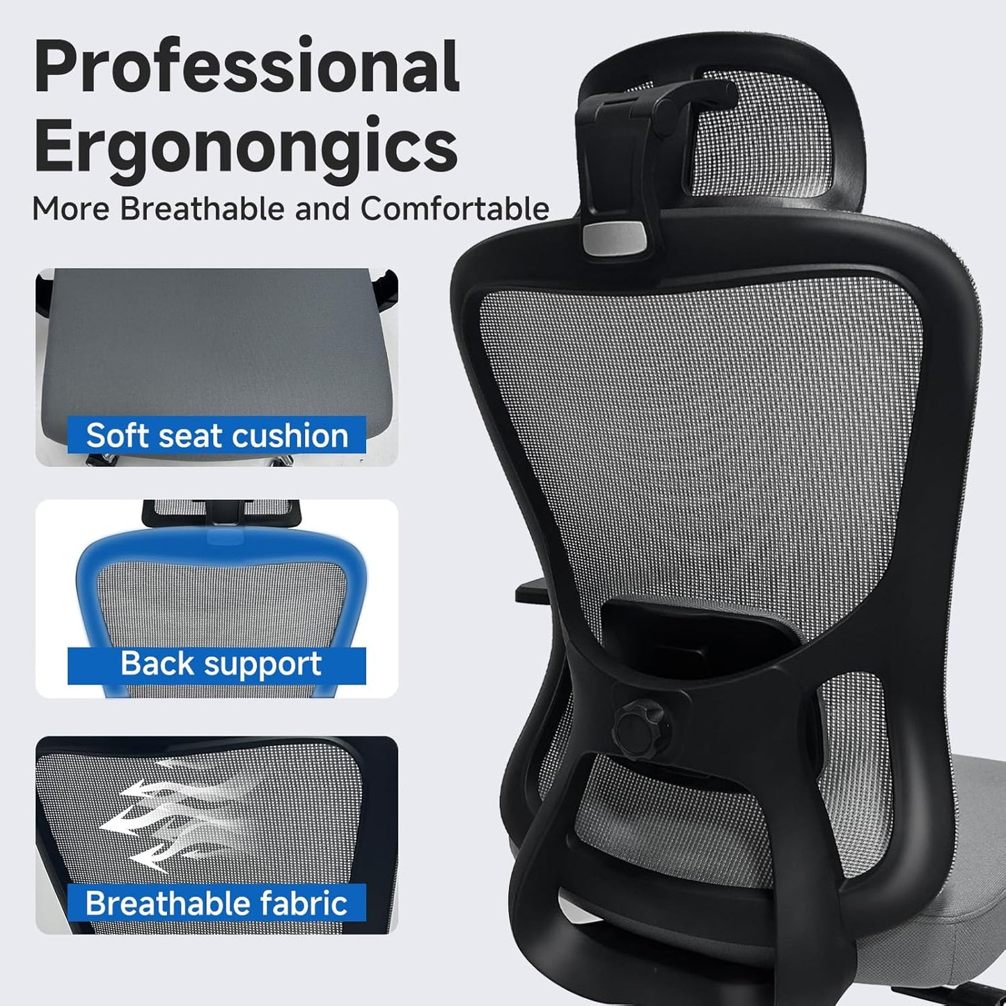 Ergonomic Desk Office Chair, High Back Home Computer Chair with Adjustable Swivel 3D Armrests for Comfort Lumbar Supports Up to 400lbs (Grey)