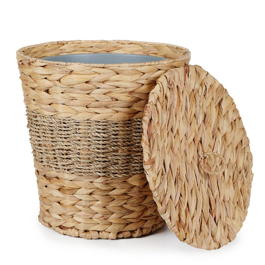 YANGQIHOME Wicker Trash Can with Lid - Water Hyacinth & Seagrass Garbage Can - Handwoven Wicker Waste Basket for Bathroom, Bedroom, Office, Living Room, Laundry Room - 3.8 Gallon