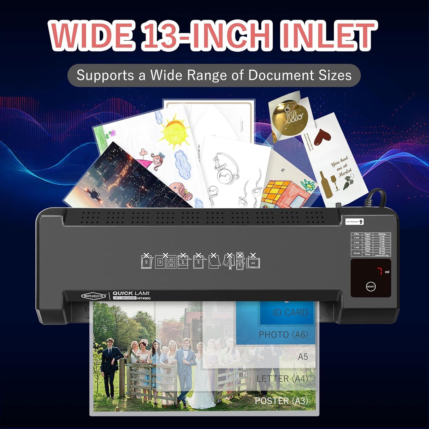 SINCHI 13-Inch Thermal Laminator & Foil Applicator – 4-Roller, 3 to 10 Mil, 40s Warm-Up, 43s/Page, LED Touch Panel, Jam Release, Auto Shut-Off, 10 Sheets Included, For Office, School, Home Use