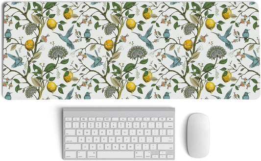 Lemon Mouse Pad,Green and Yellow Italian Lemon Desk Mat,Vintage Cottagecore Floral Desk Mat,Girly Summer Mouse Pads for Dorm Home Office Desktop Decor,31.5x11.8 Inch