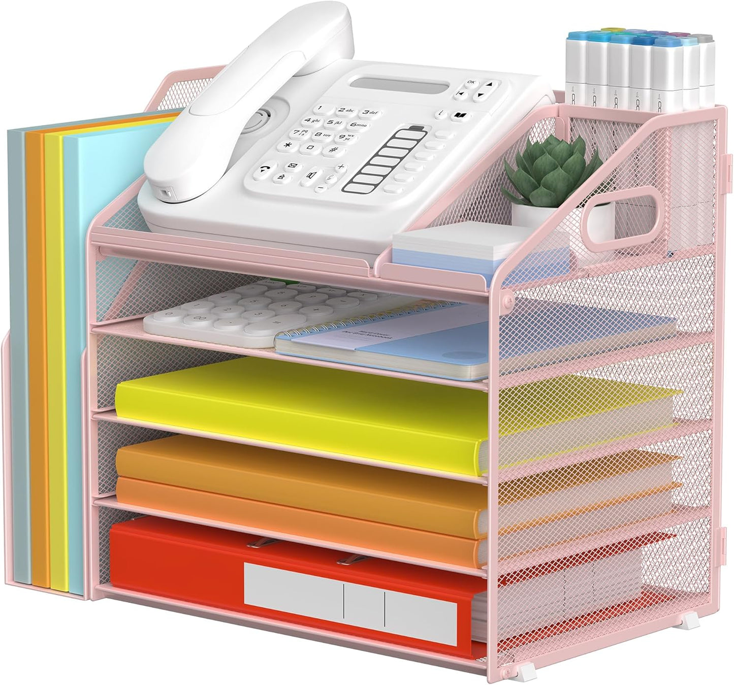 DocNest 5 Tier Paper Letter Tray File Organizer, Mesh Desk File with Handle, Workspace Desk Organizers with Pen Holder, Office Organization Storage Accessories - Pink