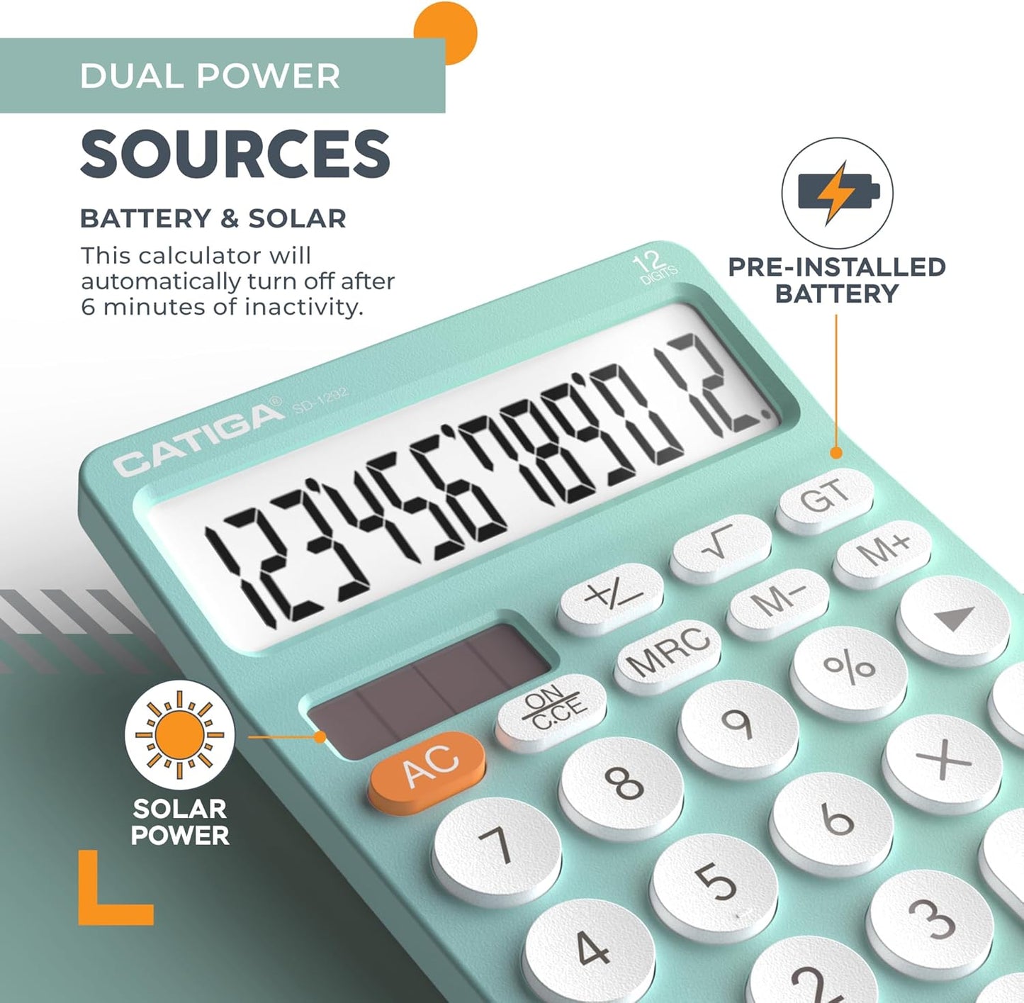 CATIGA 12 Digit Desktop Calculator Basic Desk Calculator with Large LCD Display, Big Buttons, 4 Function, Solar and Battery Dual Power, for Office, School, Home, SD-1292 Fresh Blue