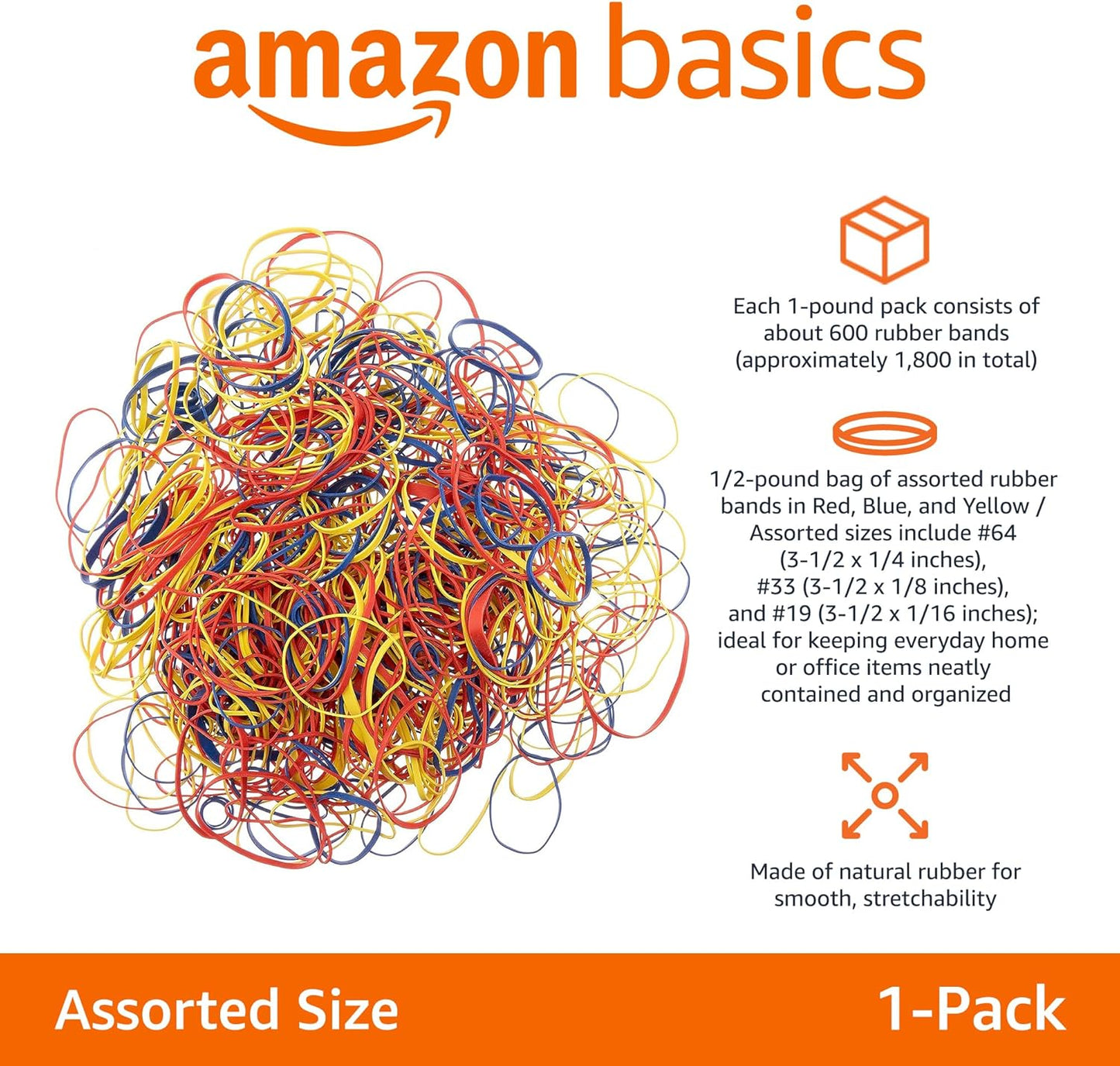 Amazon Basics Assorted Size and Color Rubber Bands, 0.5 lb.