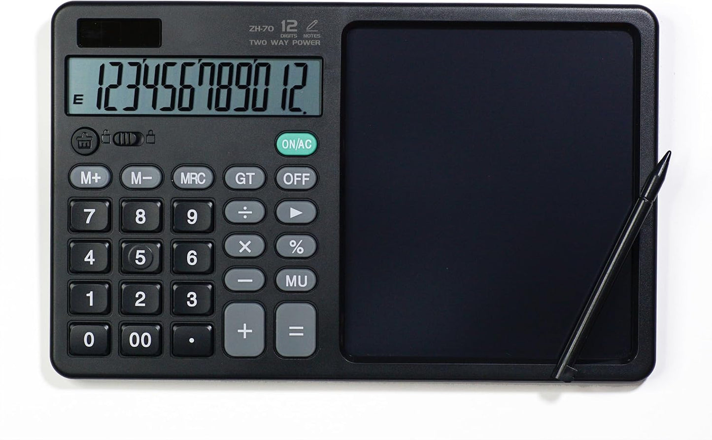 Desk Calculator Large Display with 7'' Erasable Writing Pad, 12 Digits Large Screen Display Jumbo Calculadora, Solar & Battery Powered Big Button Calculators for Business Office School, Black