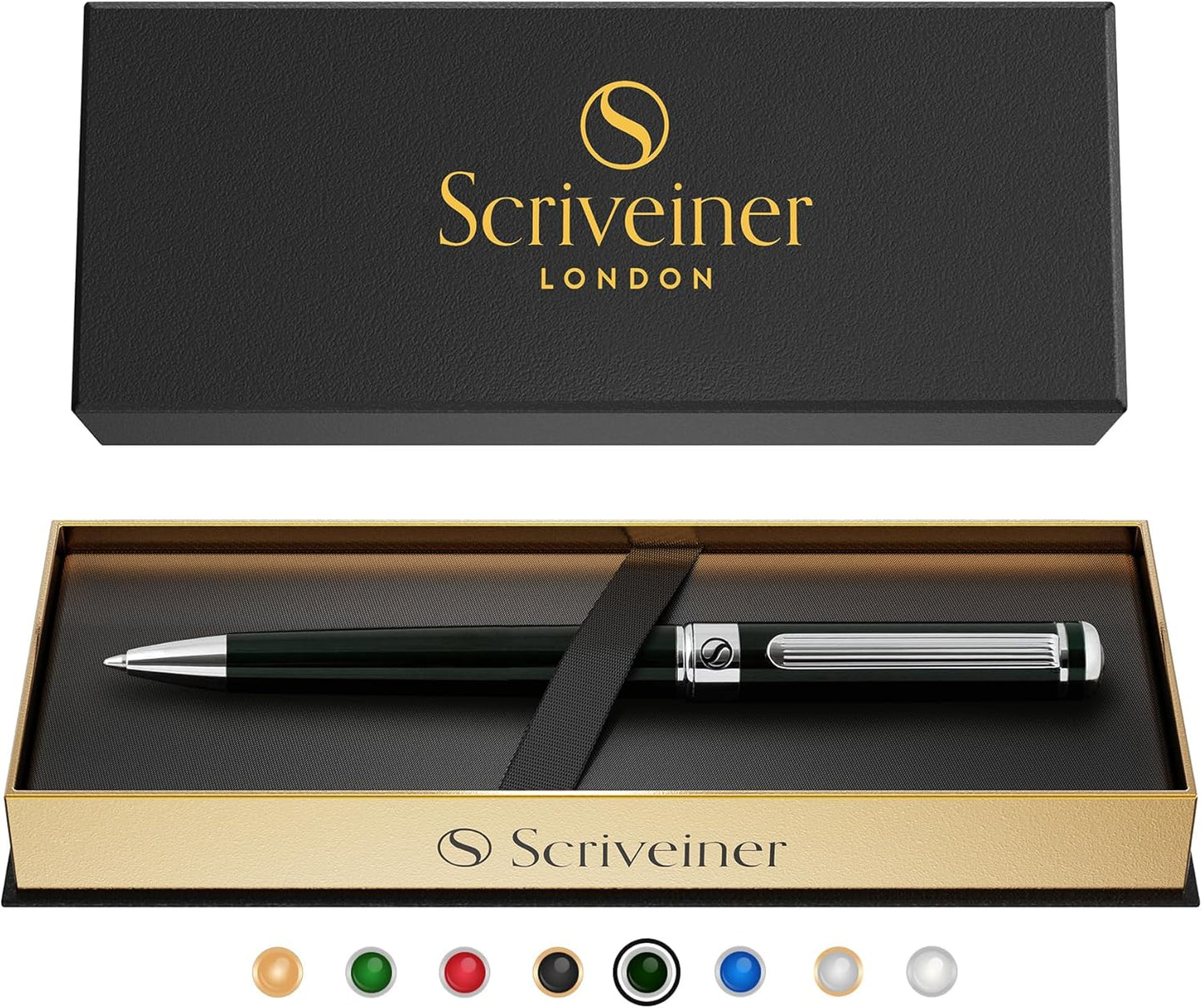 Scriveiner Black Green Ballpoint Pen - Black Green Luxury Pen, Chrome Finish, Schmidt Black Refill, Best Ball Pen Gift Set for Men & Women, Professional Executive Office, Nice Designer Pen