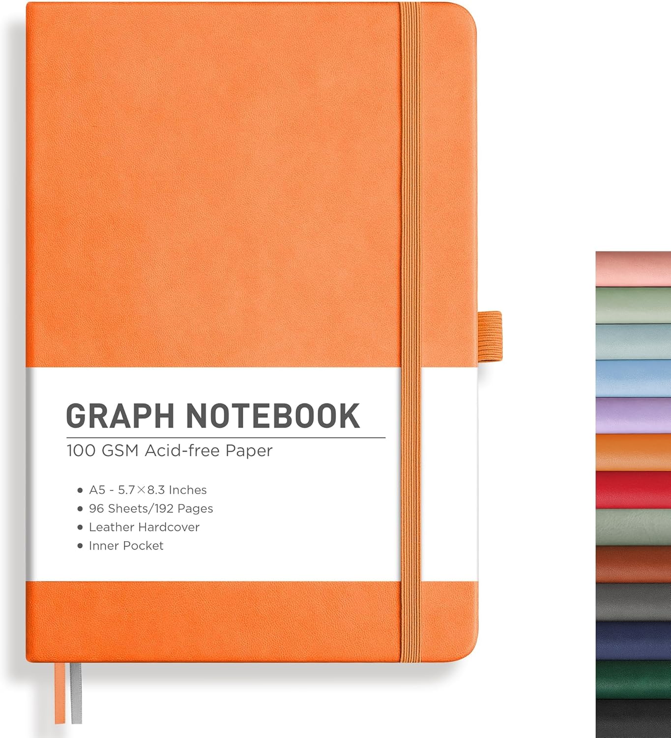 RETTACY Graph Grid Paper Notebook, 192 Pages, A5 Medium Size (5.7'' x 8.3''), 5 Squares per Inch, Leather Hardcover, 100 GSM Thick Paper, for School, Students, Math, Engineering (Orange)