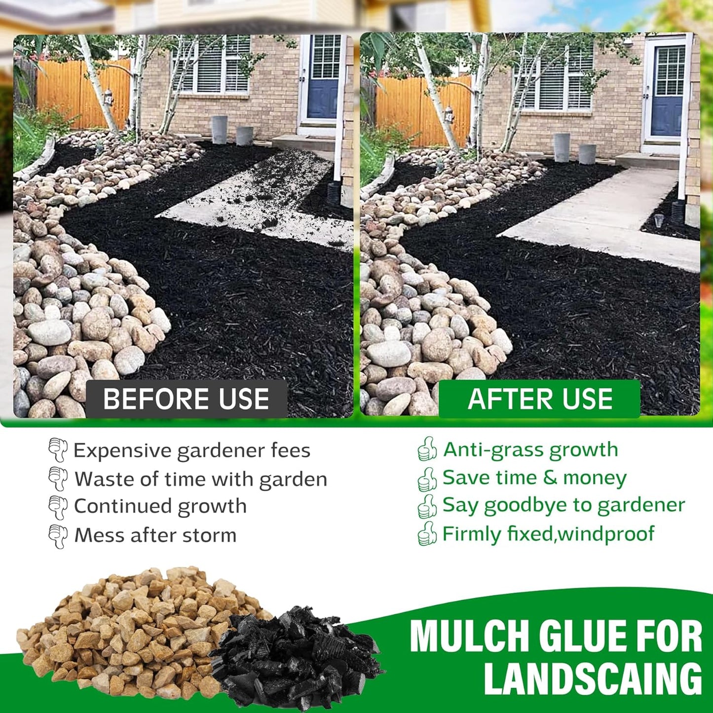 Mulch Glue - 64oz Concentrate Gravel Glue Strong Landscape Adhesive with Applicator for Landscaping, Garden - Safe Ready to Use Mulch Lock Gravel Stabilizer Glue for Pea Gravel, Rock, Leaf, Bark
