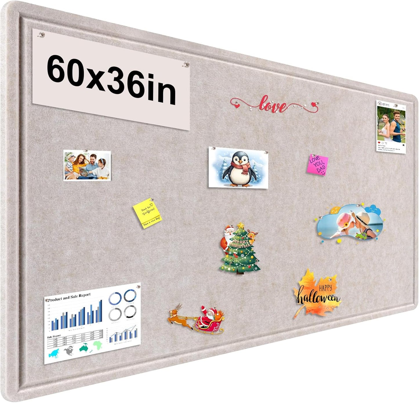 Large Bulletin Board, Foldable 60x36 Inches Cork Board Alternative, Large Felt Board Decorative Pin Board for Wall, Foldable Photo Board Self-Adhesive Vision Board with 36 Pushpins Light Khaki