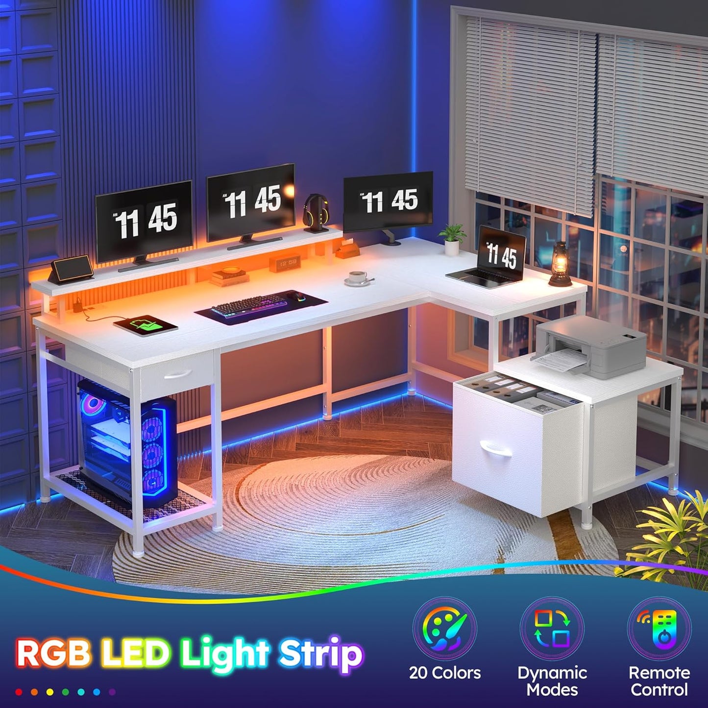 L Shaped Computer Desk with Drawers, Gaming Desk with LED Lights & Monitor Shelf, Office Desks with Power Outlets, Corner Desks for Home Office, Study Room and Bedroom, White