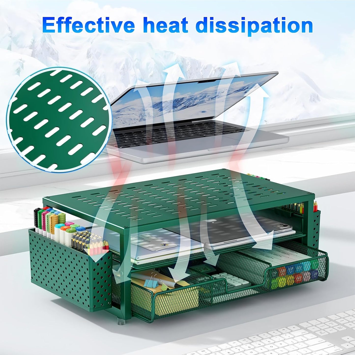 gianotter Desk Organizers and Accessories, Monitor Stand with Drawer and 2 Pen Holder, Desktop Organizer Suitable for Offices and Dormitories (Green)