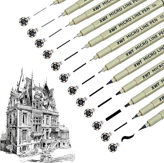Micro Fineliner Pens 12 Size/Set, Ultra Fine Fineliner Pen, Chisel Pens, Brush Marker Pen, Water-based Black Pigment Ink, Drawing Journaling Doodle Supplies for Artists, Designers, Students