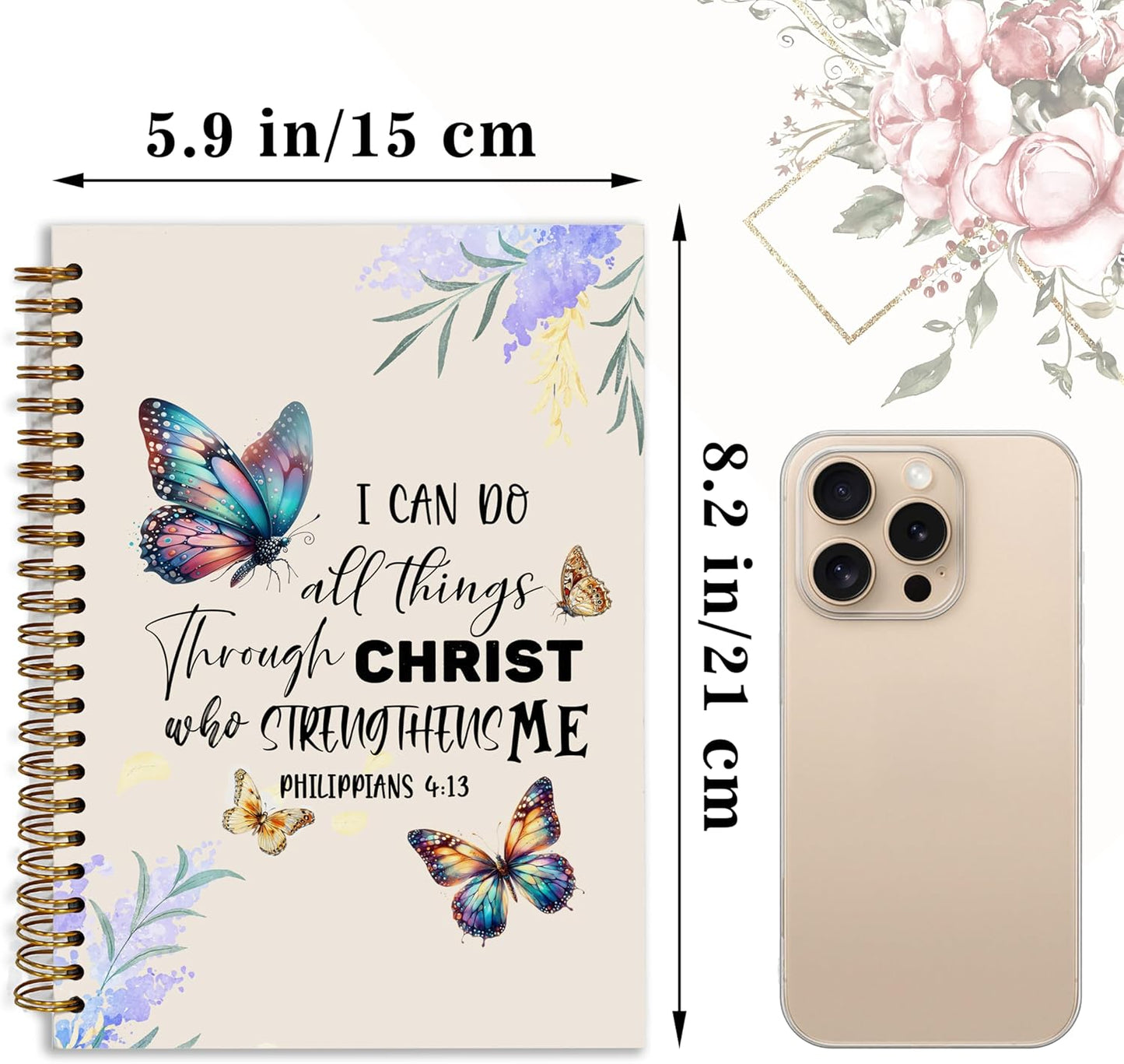 Bible Notebook, A5 Spiral Christian Journal Butterfly Notebook, Bible Verse-I Can Do All Things Through Christ Who Strengthens Me, Inspirational Notebooks for Women, Gift for Birthday Christmas