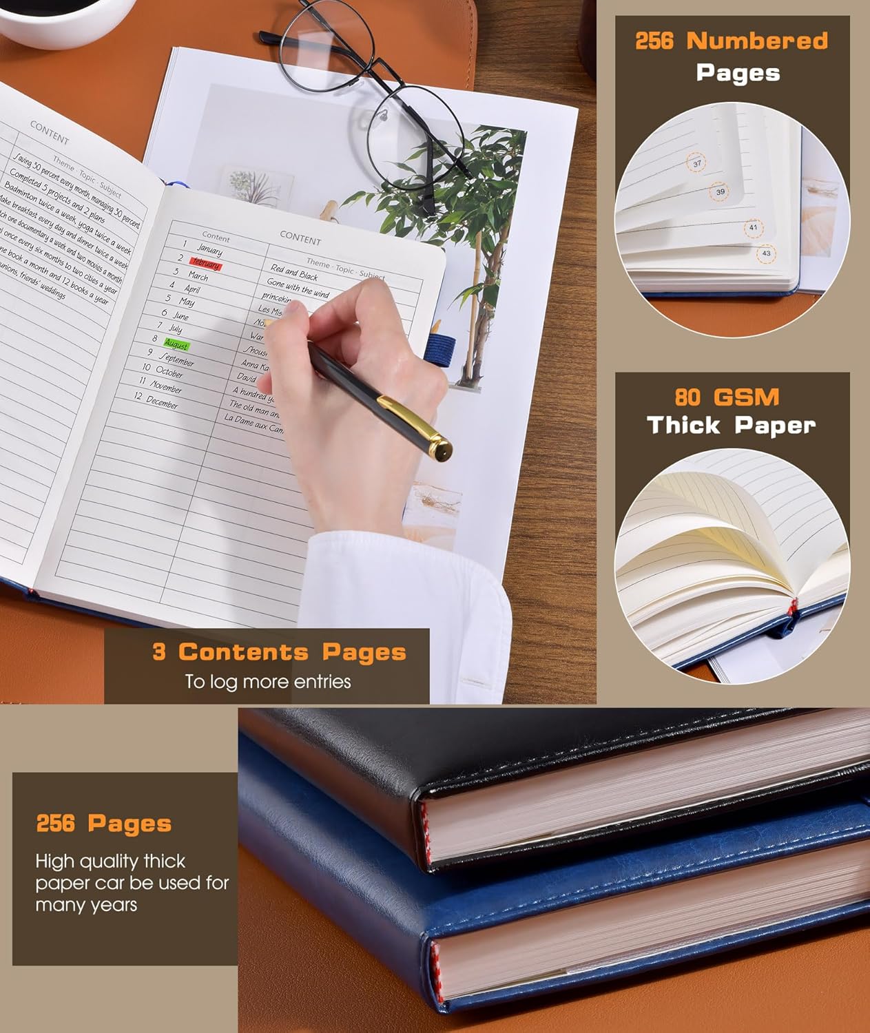 Lined Journal Notebook for Women Men, 256 Numbered Pages Hardcover Leather Journals for Writing, A5 Journaling Notebooks, College Ruled Journal for Business Work School 5.75" x 8.38" Navy Blue