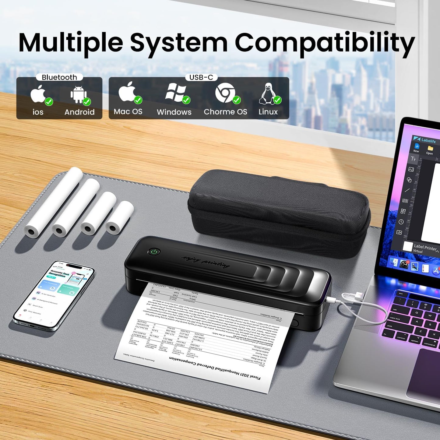 2025 Portable Printers Wireless for Travel, Inkless Thermal Printer Support 8.5" x 11"& A4, Mobile Printers with Carry Case, Bluetooth Portable Printer for Office,Travel,School,Car,Home,Black