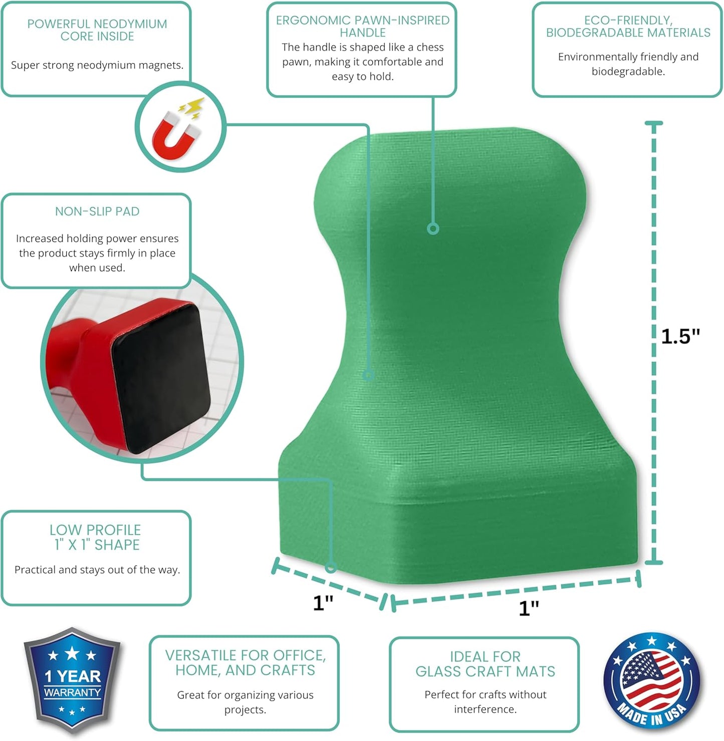 Glassboard Studio MiniPawn Magnet - Strong Neodymium Rare Earth Magnets for Fridge, Whiteboard, Locker & Magnetic Glassboards - Crafting & Office Use - Strong Fridge Magnets (Spring Green, 4)