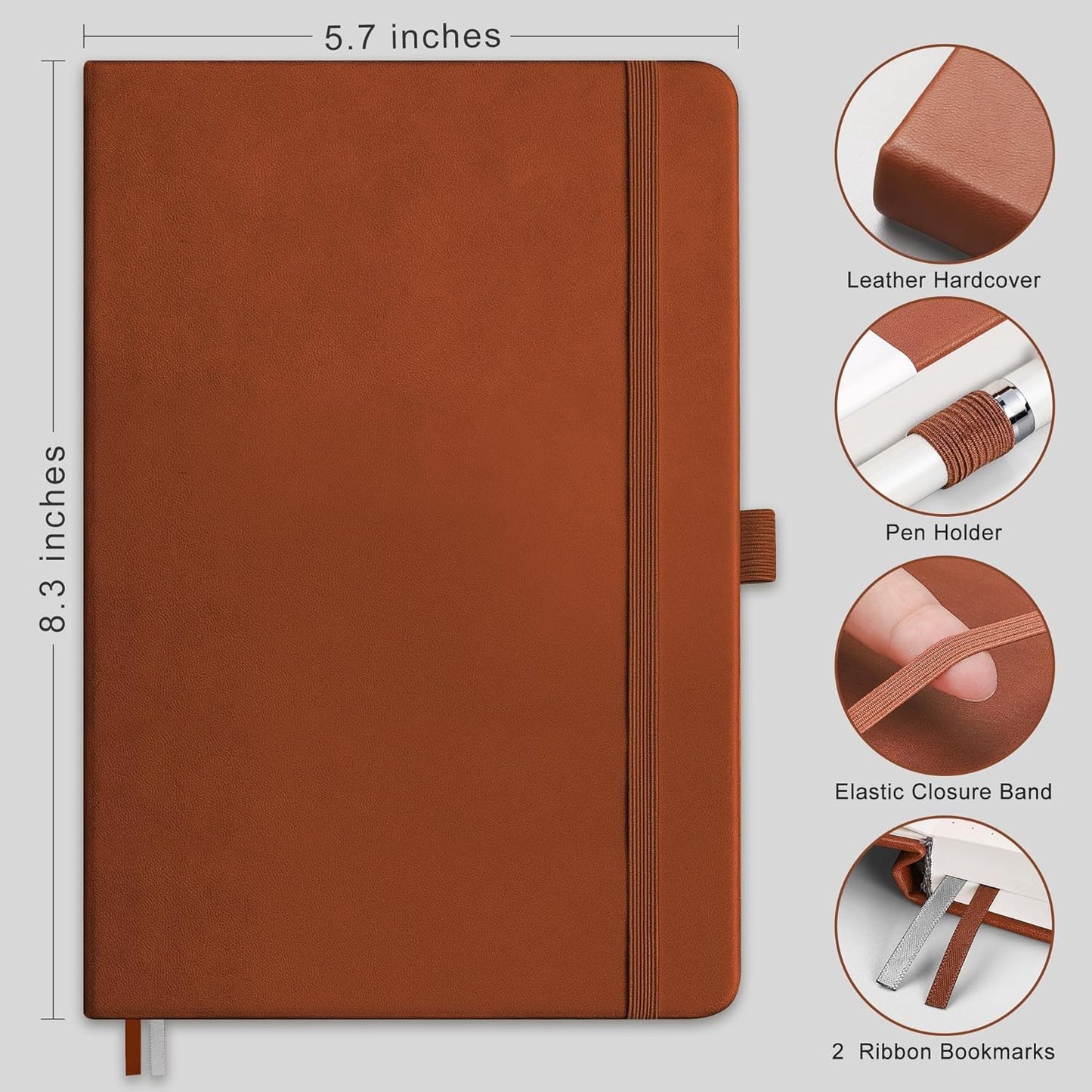 RETTACY Bullet Dotted Journal Notebook, 192 Pages, A5 Medium Size (5.7'' x 8.3''), Leather Hardcover, 100 GSM Thick Paper, for Bullet Journaling, Planning, Tracking (Brown)