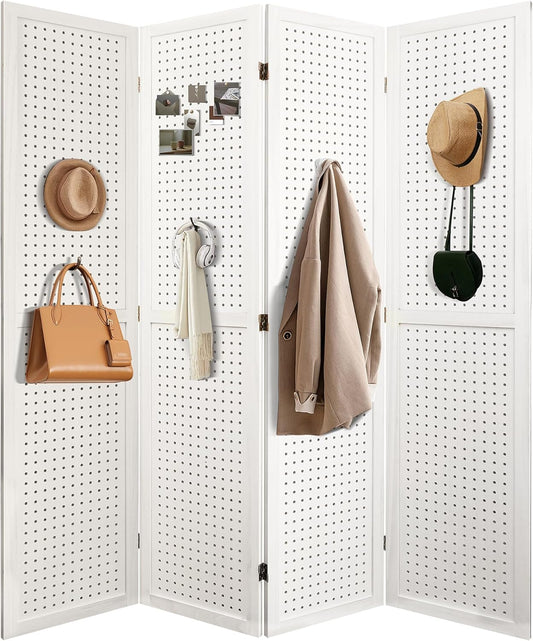 NicBex 4 Panel Pegboard Display,5.6FT Wood PegBoard Room Dividers,Folding Privacy Screens Portable Freestanding Display Board for Craft/Art Shows,Room Separation,White