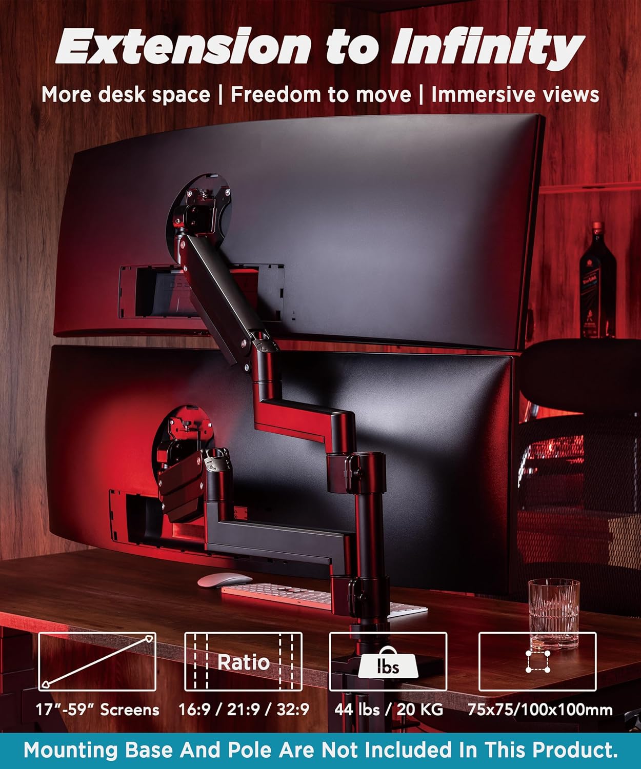 Heavy Duty Extension Arm [Accessory Only - Requires MA20P-S Single Monitor Arm for Use] Dual 49" Vertical Stacked Monitor Mount Height Adjustable - 100x100 VESA Mount, Black, MA20P-A