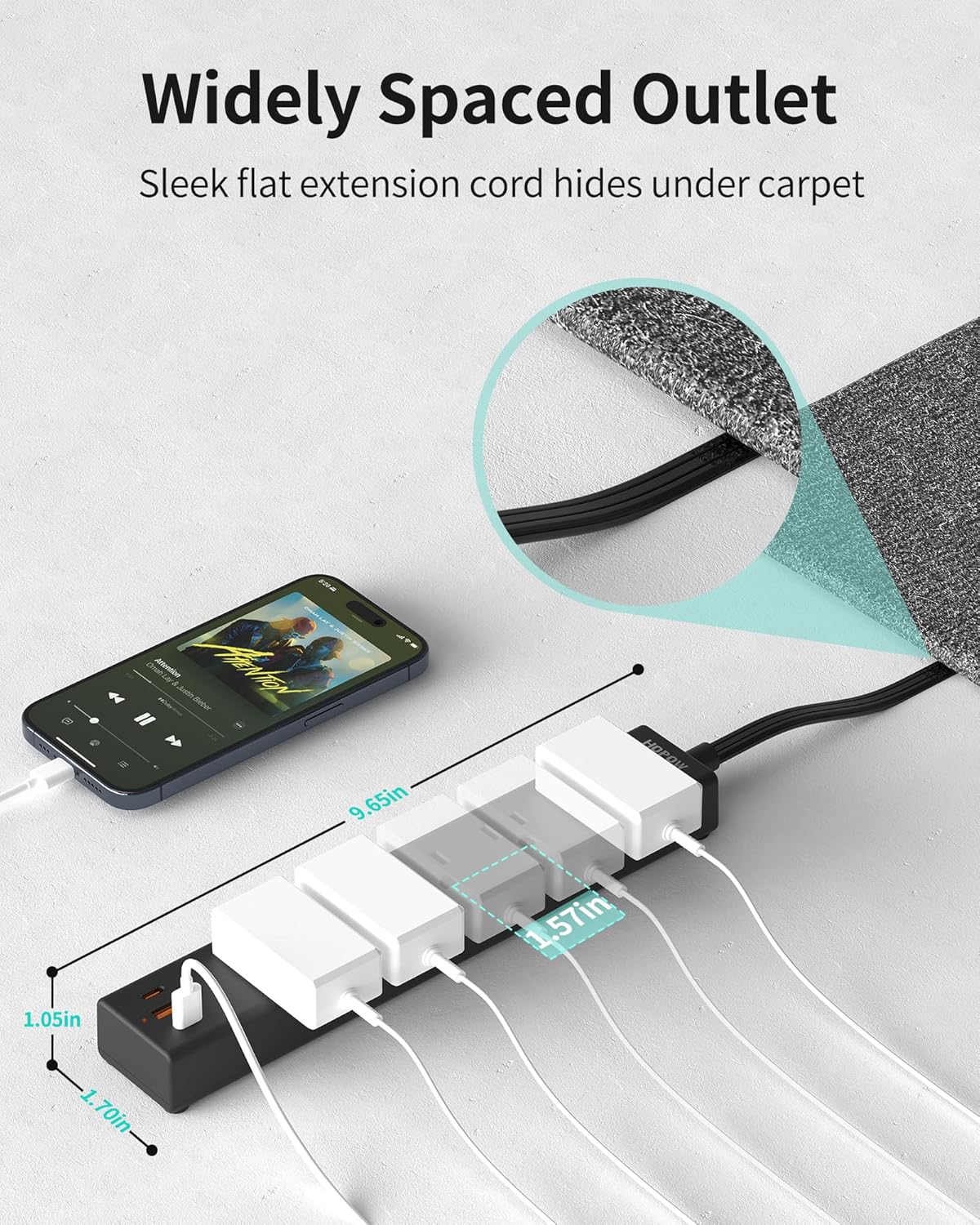 Power Strip Surge Protector, 10 Ft Ultra Flat Extension Cord, Surge Protector with 5 Outlets & 3 USB Ports (2 USB C), 1700 Joules, Wall Mount, Desktop Charging Station for Home Office, Black