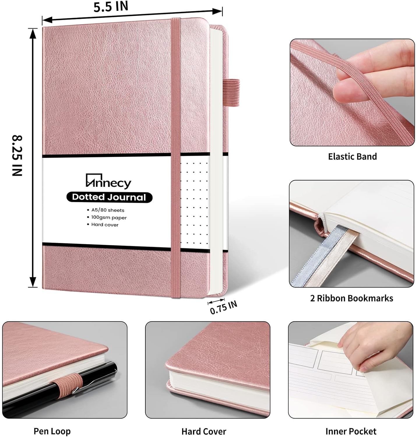 Annecy Numbered Bullet Dotted Journal Notebook, Medium 5.5x 8.25, 160 Pages 100GSM Writing Paper, A5 Rose Gold Faux Leather Cover with Pen Loop