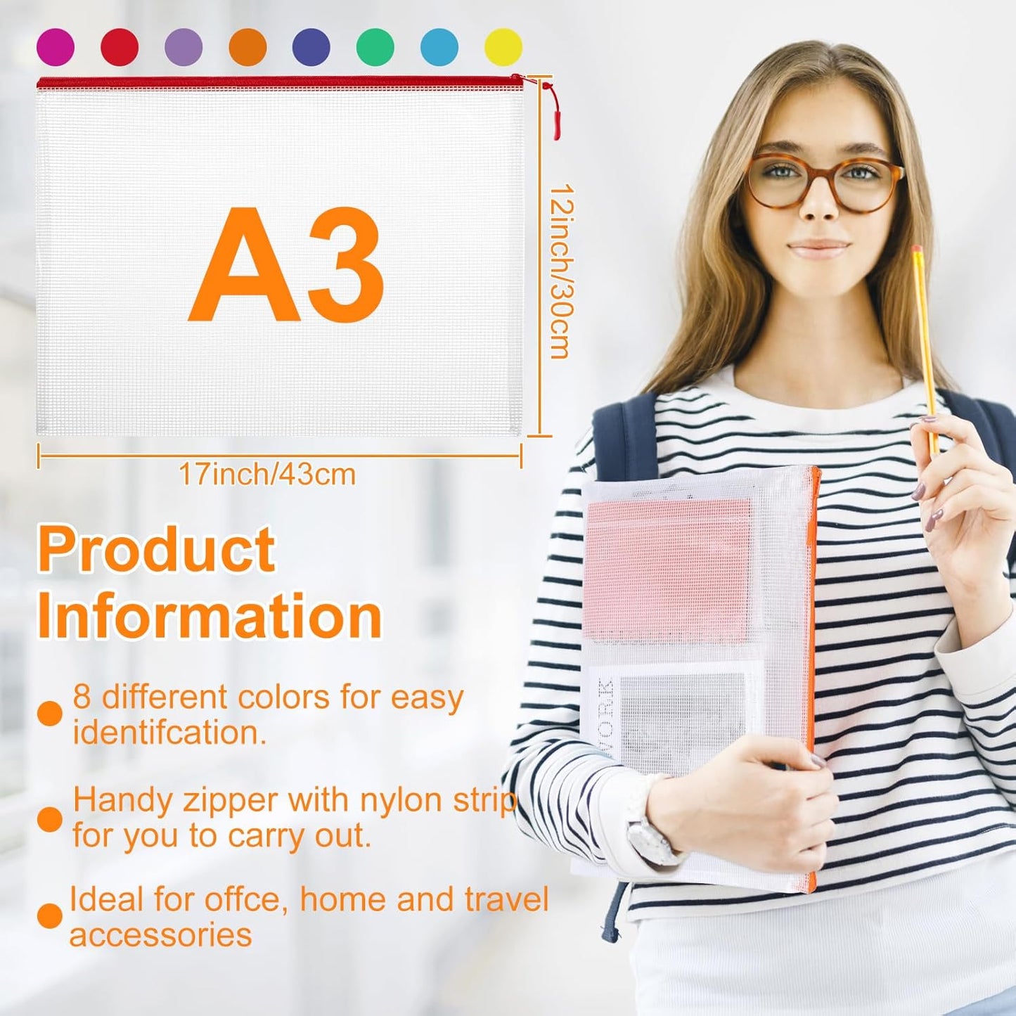 20pcs A3 17x12 Inches Extra Large Zipper Bags, Reusable Mesh Pouches for Office Supplies, Classroom Organization