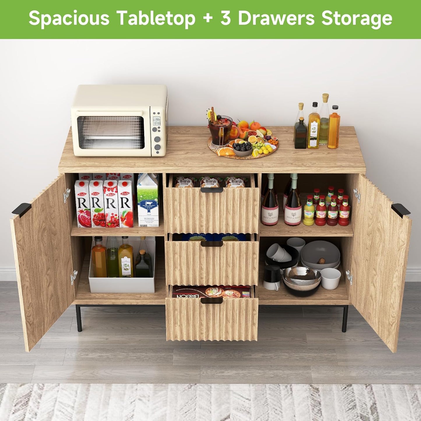 Real Relax Sideboard Buffet Cabinet with Storage, Modern Fluted Cabinet with 2 Doors 3 Drawers, Coffee Bar Accent Storage Credenza, for Kitchen, Living, Dinning Room, Oak