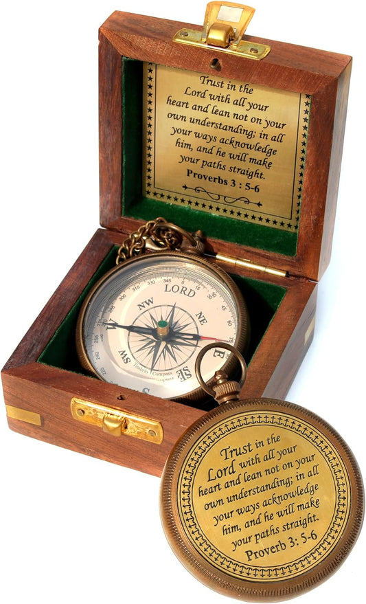 Trust in The Lord with All Your Heart -Proverbs 3: 5-6 Quote Engraved Compass with Wooden Box, Baptism Gifts for Boys, Inspirational Gifts Men, Graduation Day Gifts, First Communion Gifts