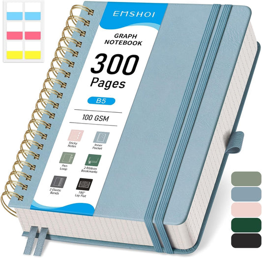 EMSHOI Spiral Graph Paper Notebook - 300 Pages, 100 GSM Thick Grid Notebook, B5 Large Hardcover Leather Journal for Women Men Work School Writing Engineering Graphing, 7.48" x 10.15", Gray Blue