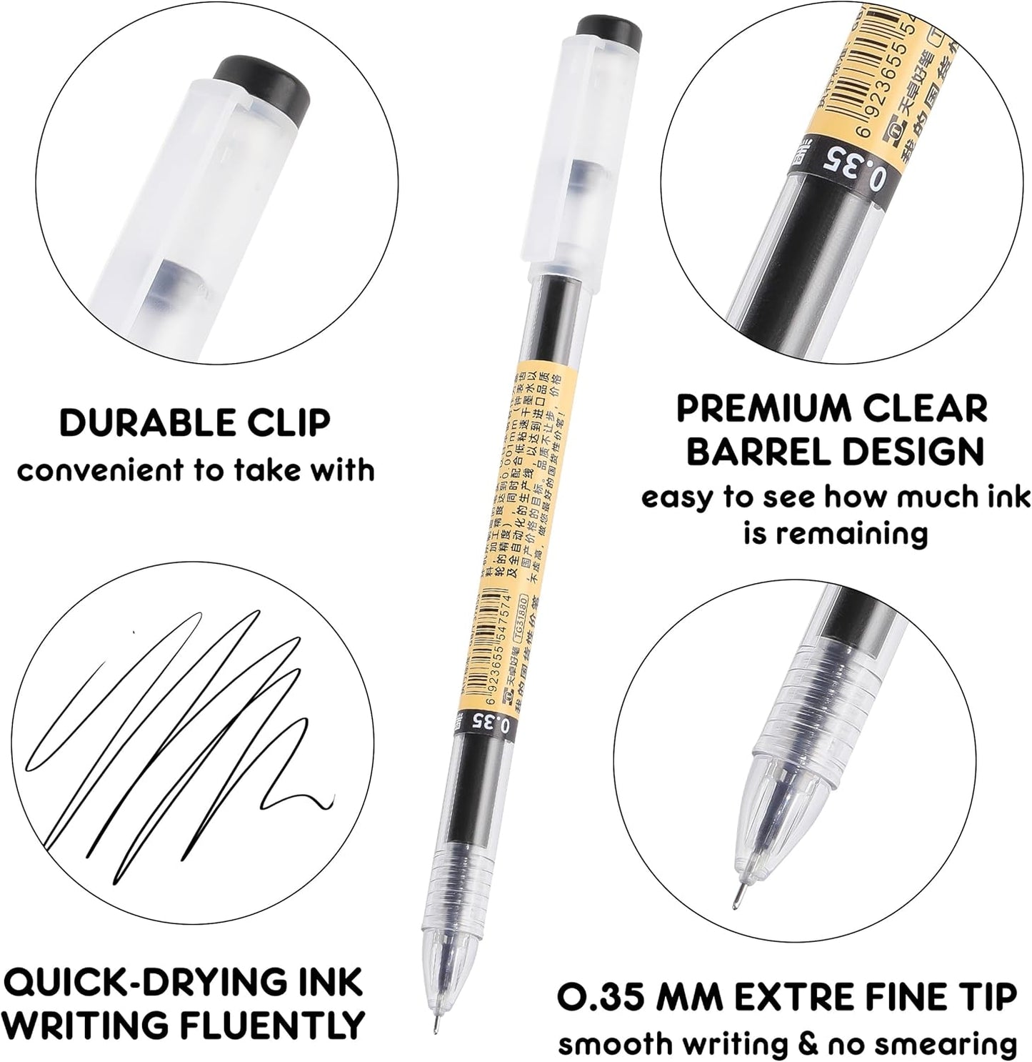 RIANCY Black Blue Red Gel Ink Pens, 0.35mm Extra Fine Point Smooth Writing Rollerball Pens, Japanese Style No Smudge Ballpoint Pen, Quick Drying for Journaling Office School Stationery Supplies 12Pcs