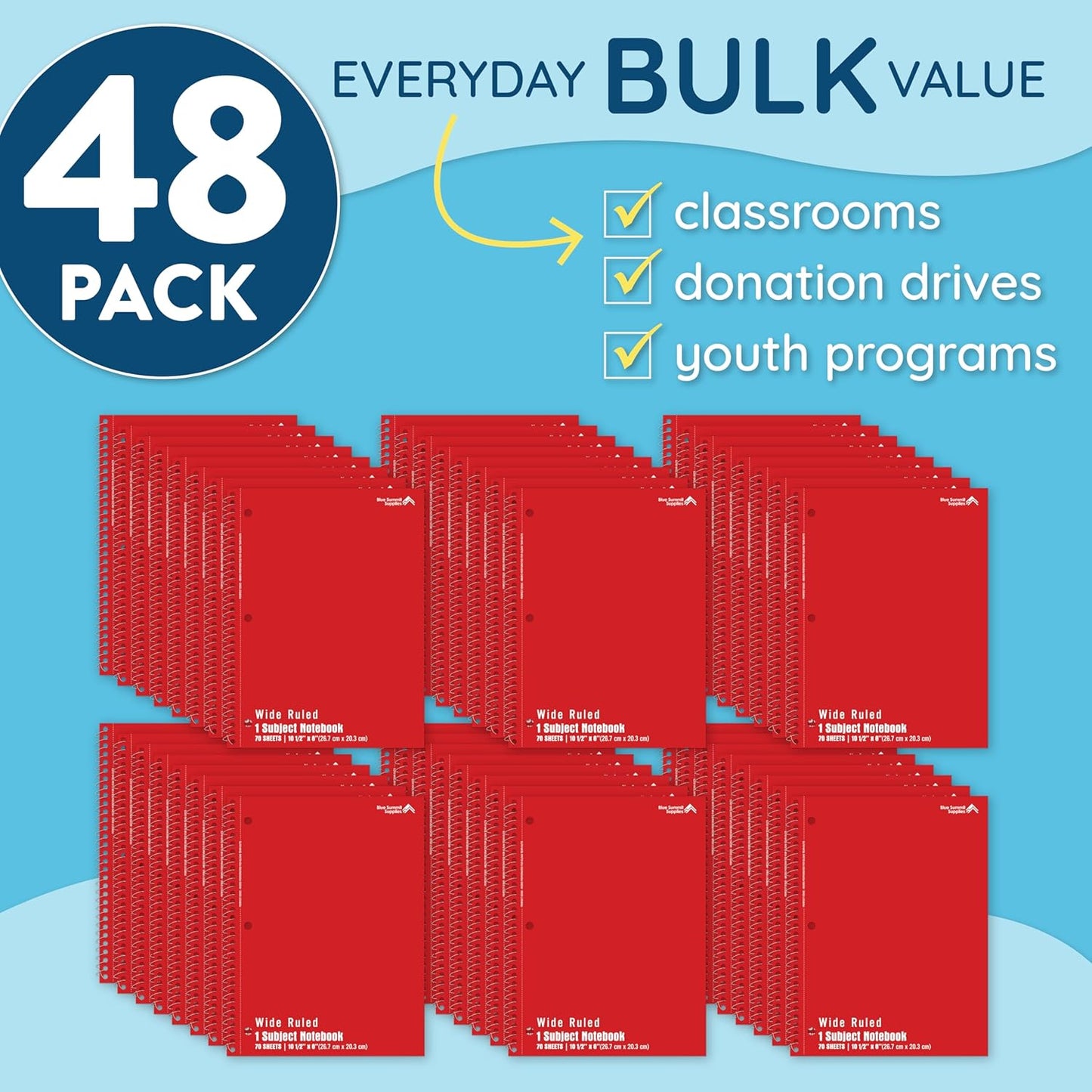 Blue Summit Red Wide Ruled Spiral Notebooks Bulk, 1 Subject Spiral Notebook Wide Ruled, Paper School Bulk Notebooks, 48 Pack