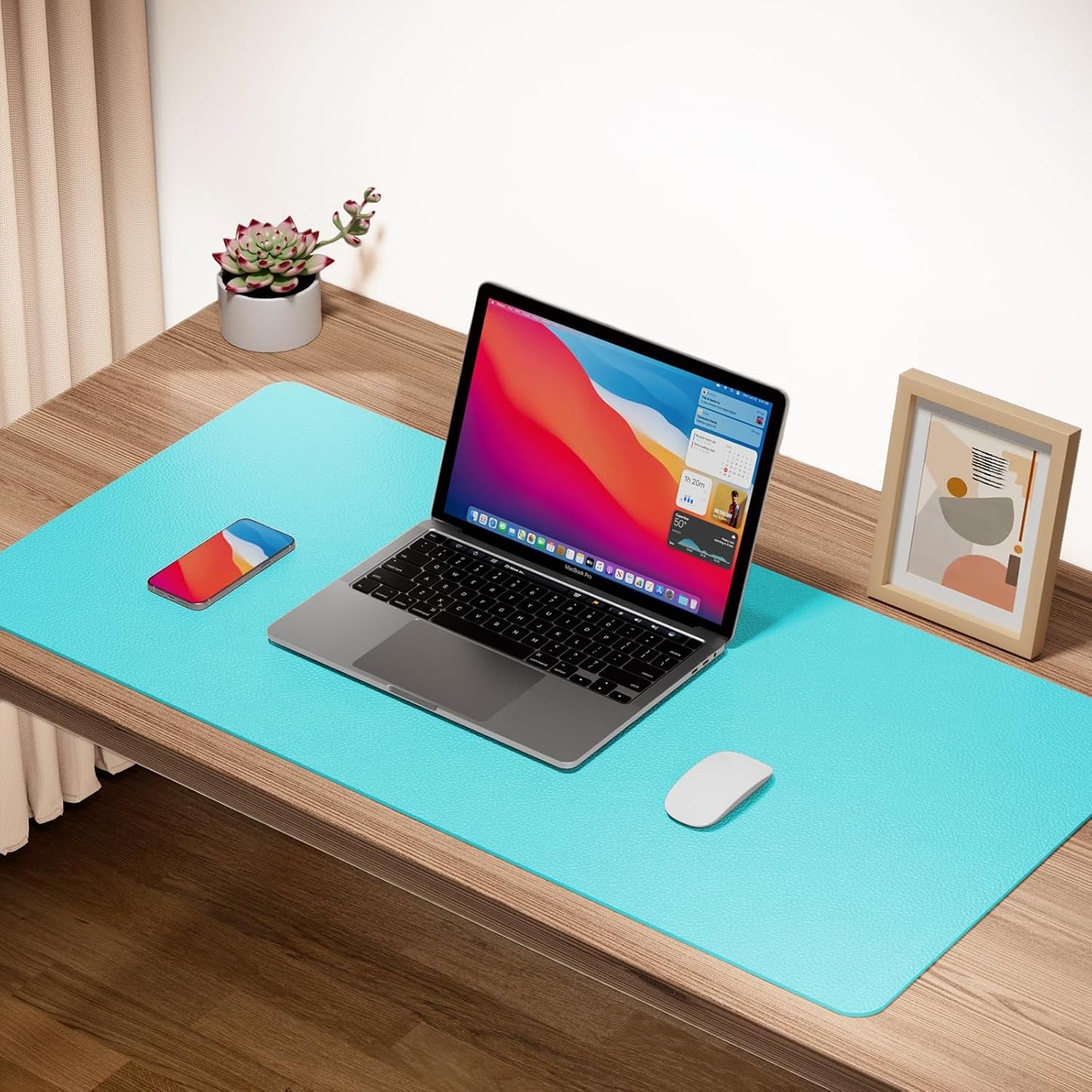 Boutilon Leather Desk Pad Protector,Non-Slip Mouse Pad,Laptop Desk Pad,Office Mouse Mat,Waterproof Leather Desk Blotter,Desk Writing Pad for Office and Home (L-Bright Blue,35"x 17")