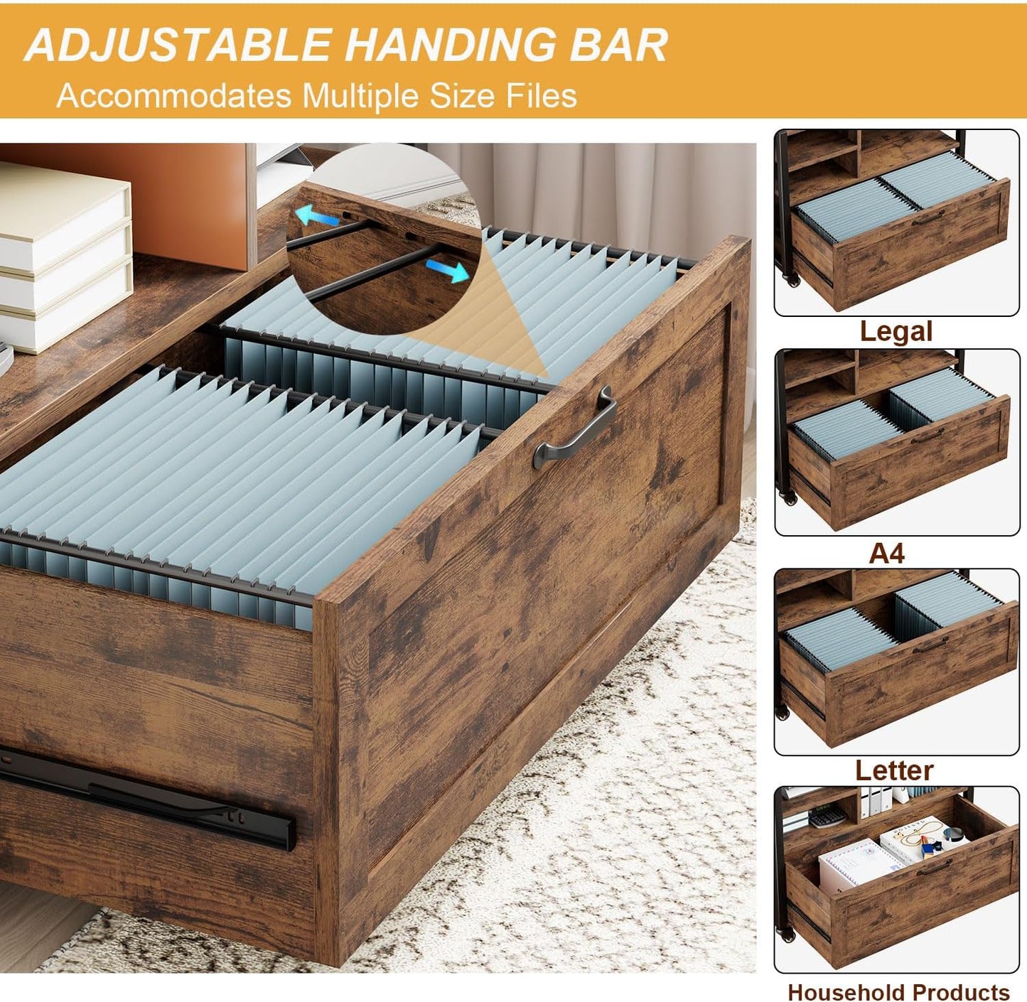 HSH Mobile Lateral File Cabinet with Drawer, Rolling Filing Cabinet with Storage Shelves & Hanging File Folders, Wooden Metal Printer Stand Fits A4 Letter Legal Size for Home Office, Rustic Brown,33In