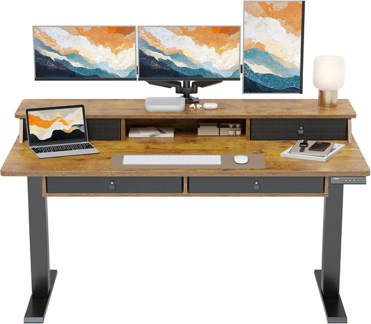 ErGear Electric Standing Desk with 4 Drawers, 55" x 30" Height Adjustable Desk with Storage, C-Clamp Mount Compatible, Computer Home Office Table with Cable Management Tray, Vintage Brown