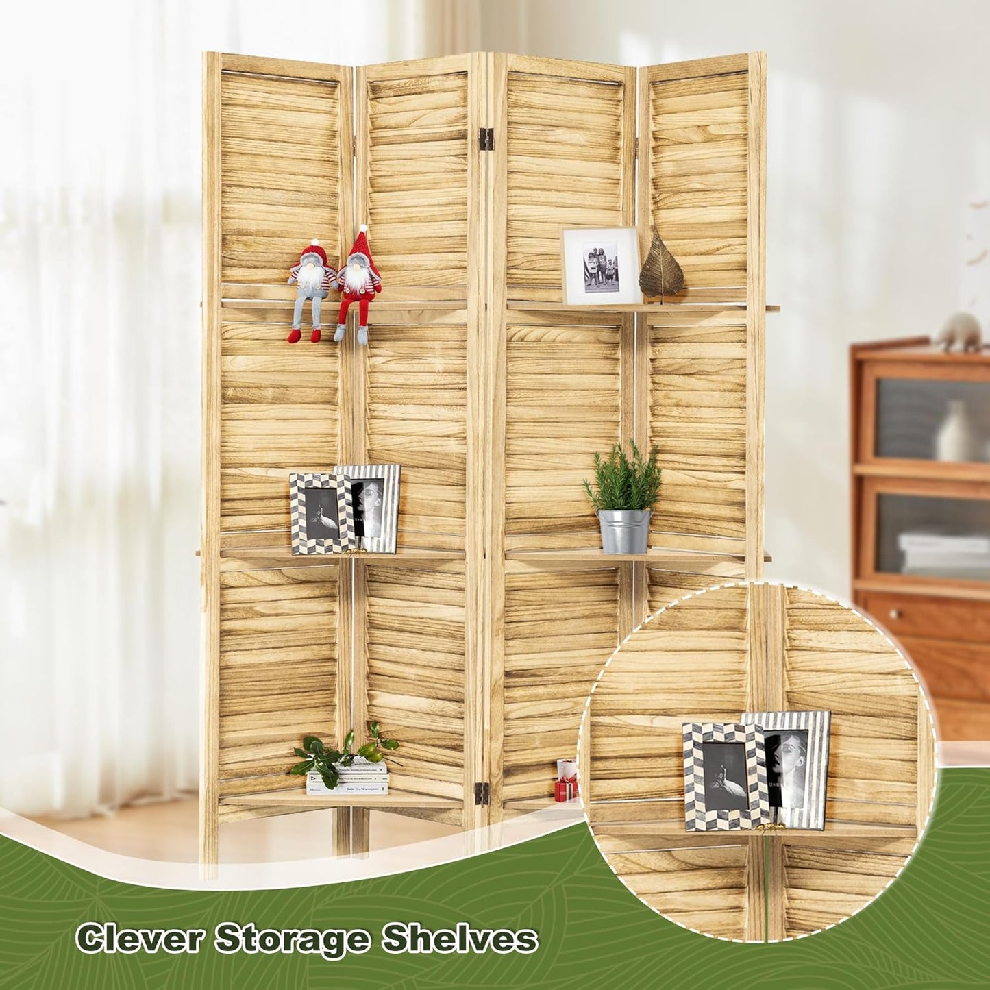 NicBex 4 Panel Room Divider,5.6FT Wood Carved Room Dividers with Display Shelves Folding Privacy Screens Portable Freestanding Partition Wall Dividers for Room Separation, Bedroom Office,Natural Wood