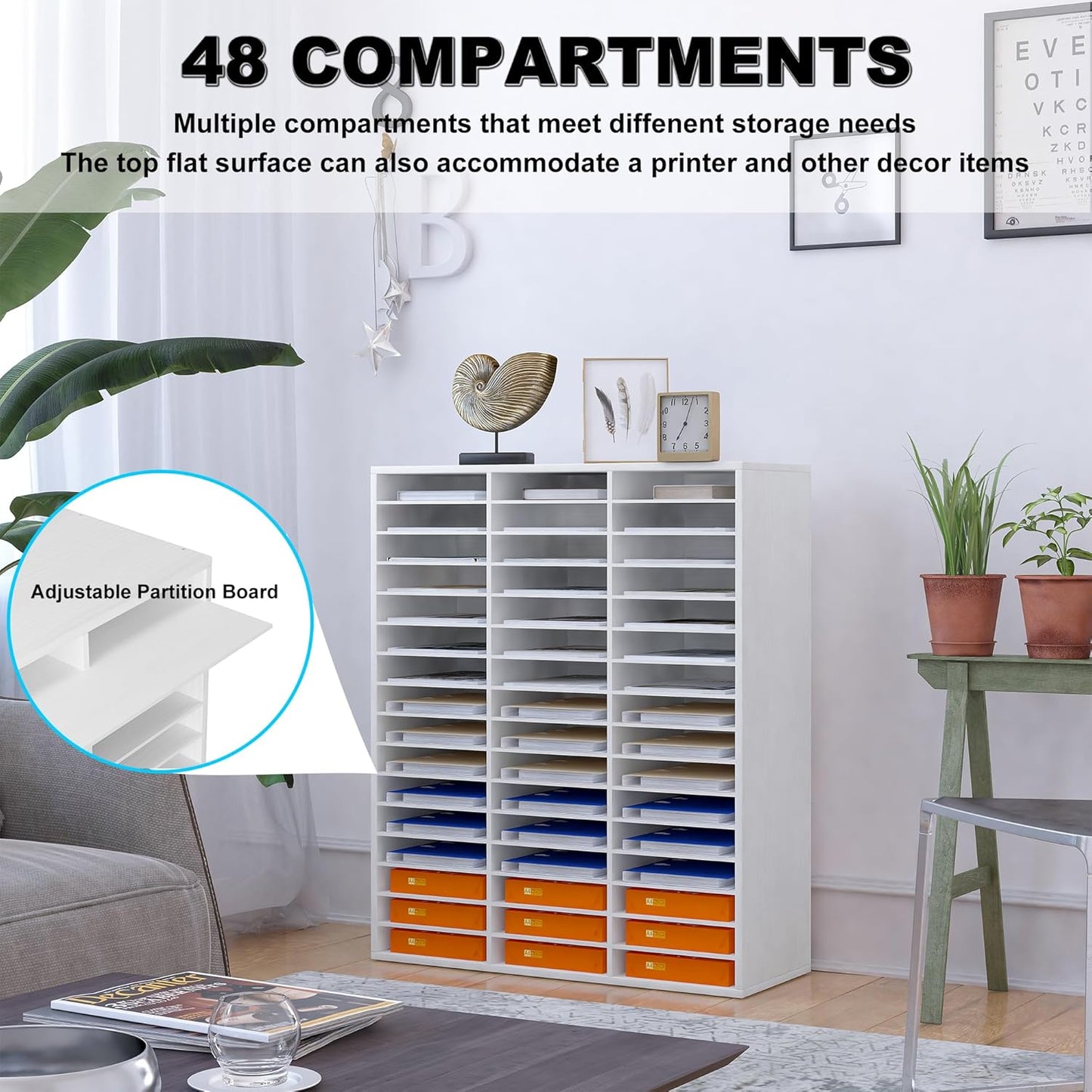 Mail Sorter Wood Literature Organizer, Student Mailbox for Classroom, Desktop Bill Paper Organizer for Office Home School, 48 Compartments, Black