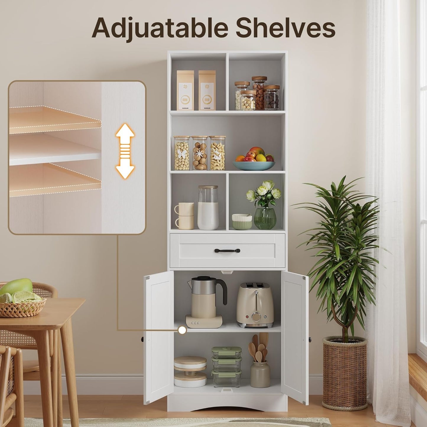 Gizoon Storage Cabinet, 71'' H Kitchen Storage Cabinet with Doors & Drawers, Kitchen Pantry with Adjustable Shelves, Anti-tip, Metal Handle, for Living Room, Office, Bathroom, White