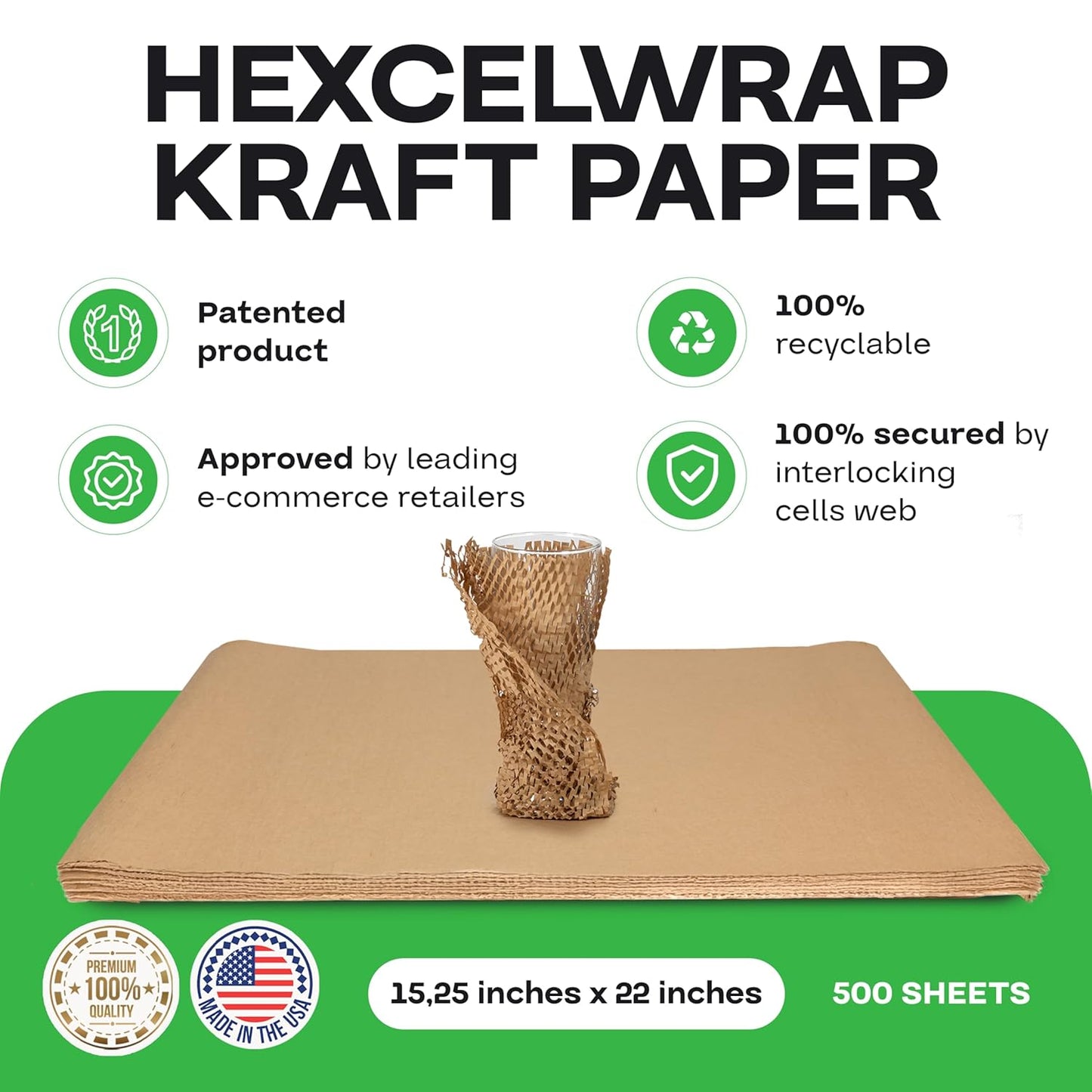 IDL Packaging 15.25" x 22" Honeycomb Kraft Packing Paper Sheets (Pack of 500), Brown – USA-Made Eco-Friendly Bubble Wrap Alternative for Shipping, Moving, Storage - Innovative Interlocking Slit Design