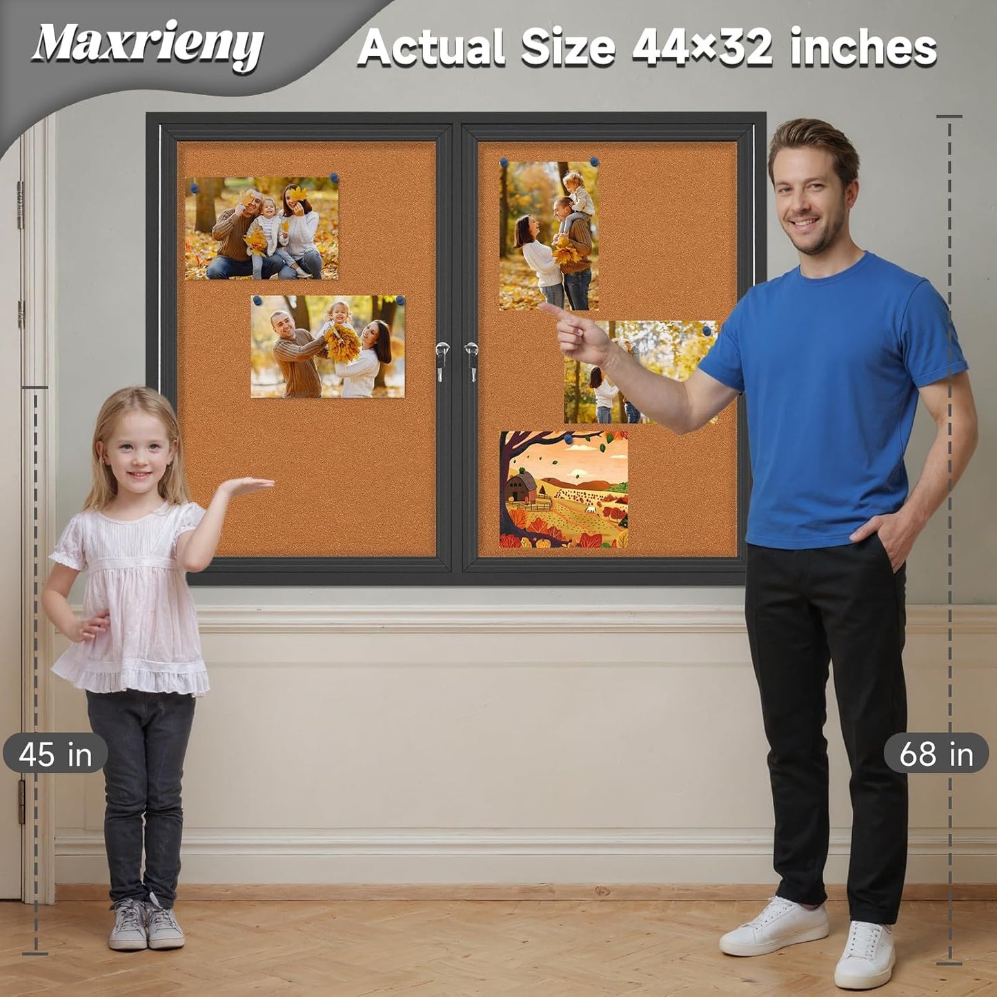 Enclosed Bulletin Board Lockable,Double-Door Weatherproof Outdoor Noticeboard with Locking Door, Wall-Mounted Aluminum Framed Presentation Board, 44x32 Inch (8xA4)