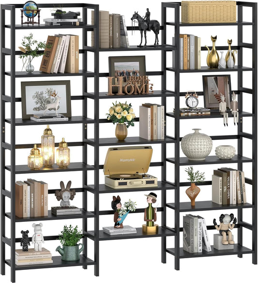 Homykic Bamboo Triple Wide Shallow Bookshelves and Bookcases, 6-Tier 6ft Tall Bookshelf with 17 Open Display Shelves, Super Large Freestanding Book Shelf for Home Office, Bedroom, Living Room, Black