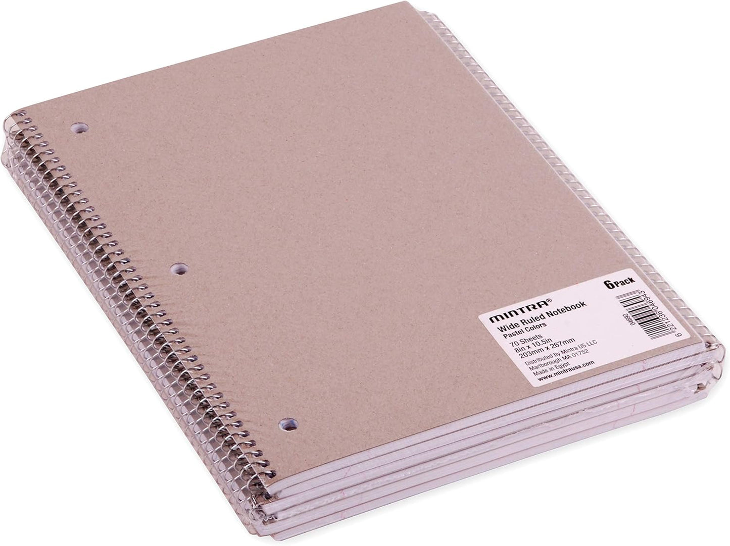Mintra Office Spiral Notebooks - 1 Subject, 70 Sheets, WIDE Ruled, 8in x 10in, Bulk Pack, Pastel Covers, Set of 6 - for School, Office, Business, Professional (04692)