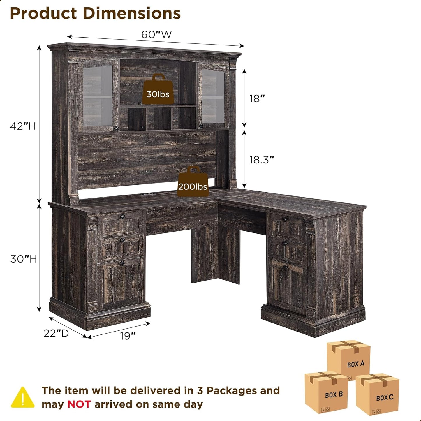 OKD 60" L Shaped Executive Desk with Hutch and Drawers, Farmhouse Home Office Desk with Charging Station, File Cabinet Storage, Wood Corner Computer Desk for Work and Study, Dark Rustic Oak