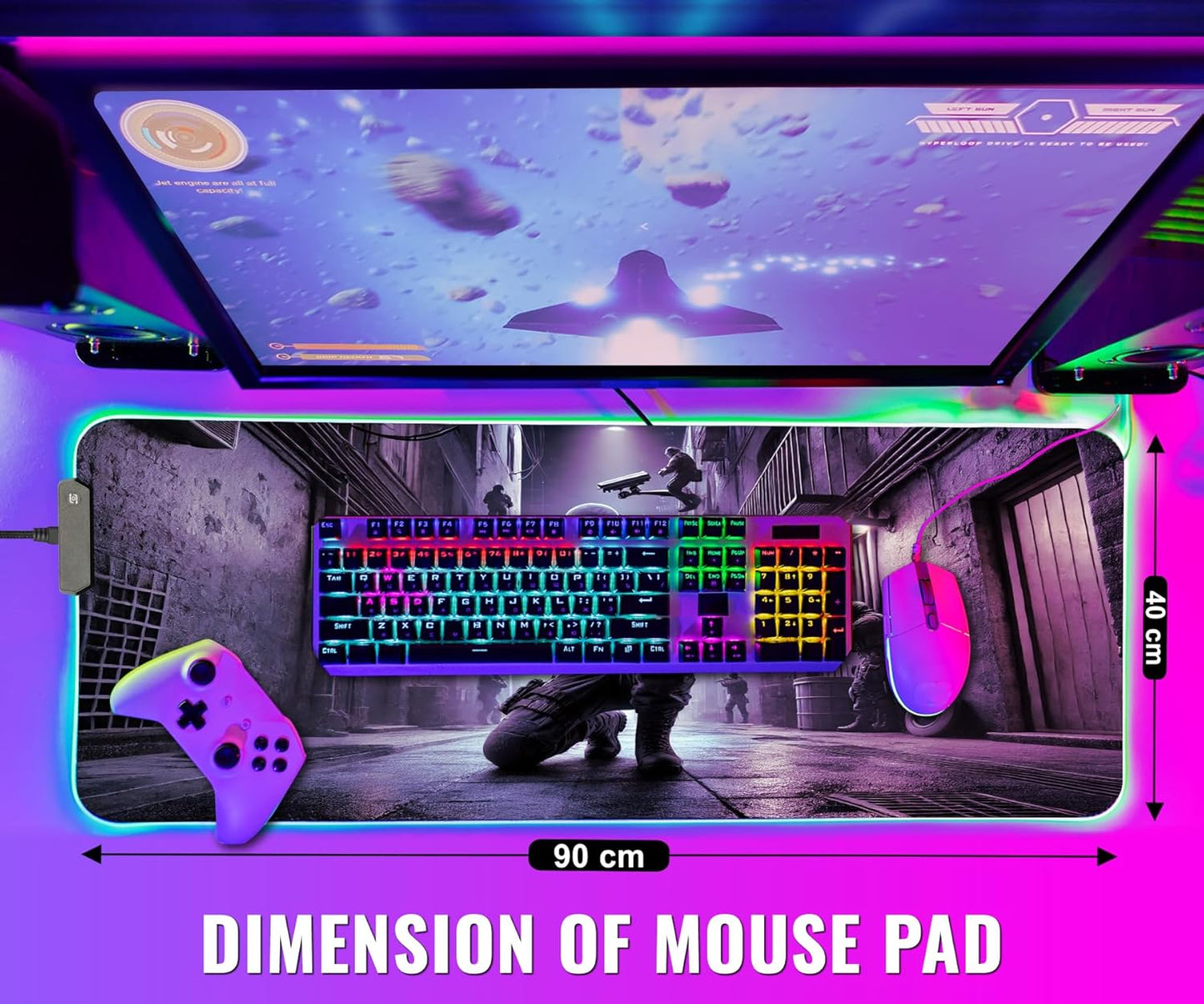 Gaming Mouse Pad - Desk Mat Gaming Mouse Pad , Medium Extra Large Extended Big Long Huge XL XXL and XXXL RGB LED Light Mousepad For a Computer , PC Mats Mousepads Midnight Strike