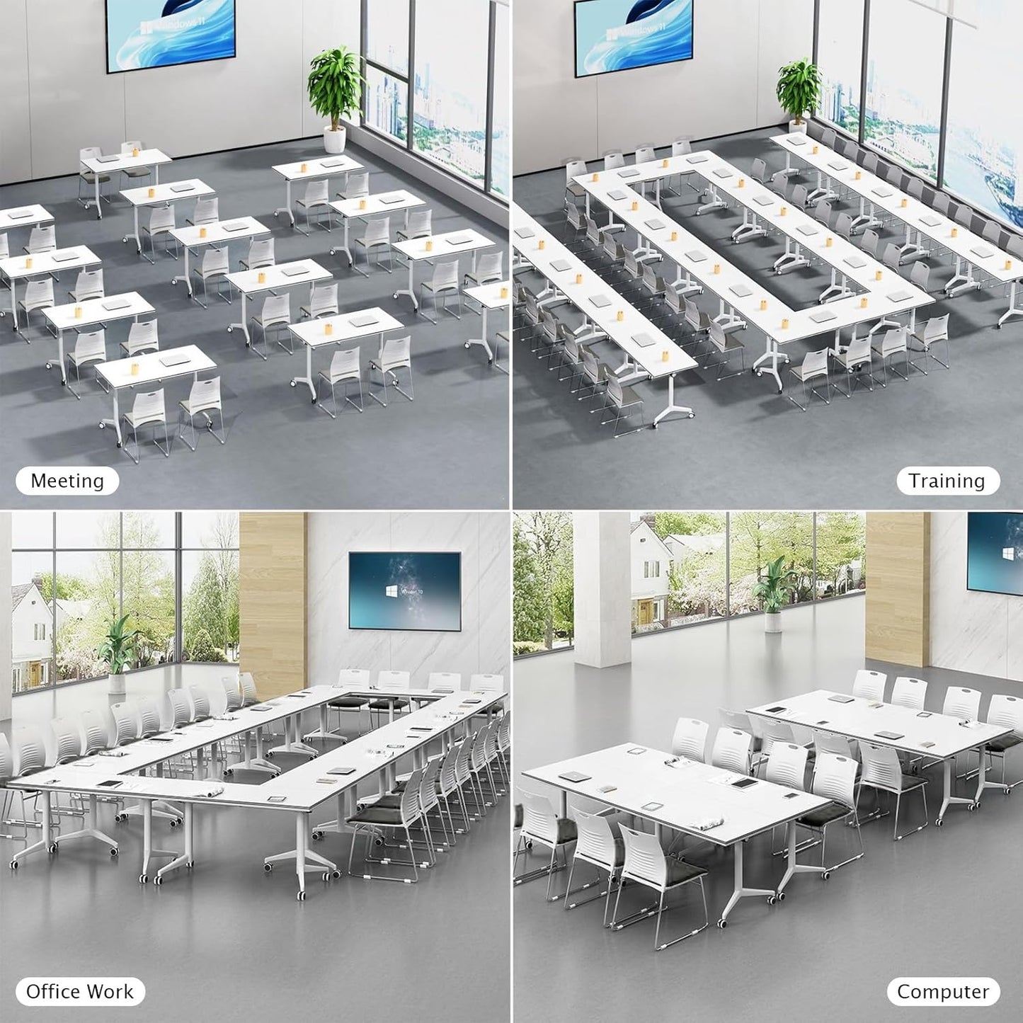 Conference Table Folding Conference Table, Modern Conference Room Table White Meeting Table Flip Top Large Mobile Training Tables, Mobile Training Seminar Tables for Office Classroom (4pack 55.1in)