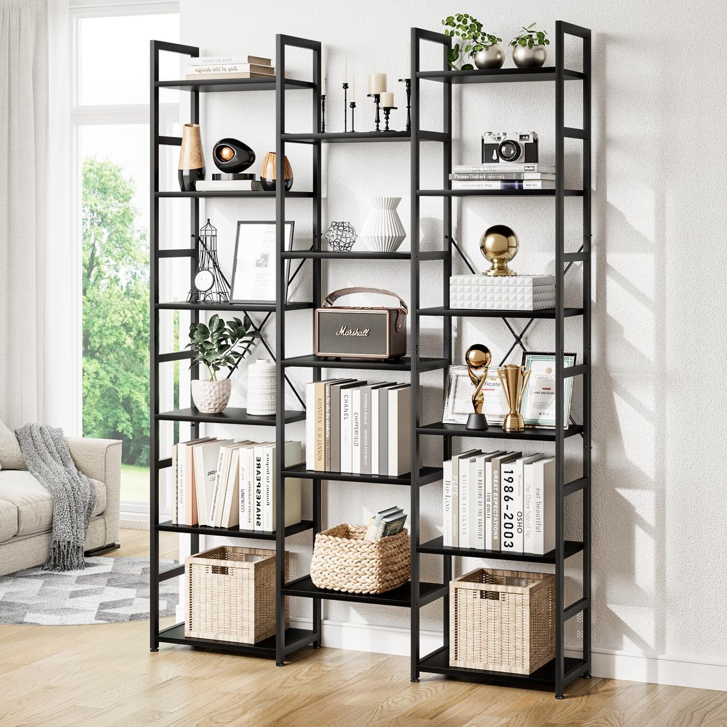 NUMENN Triple Column 6 Tier Bookshelf, Bookcase with 17 Open Display Shelves, Adjustable Rustic Industrial Style Book Shelves, Modern Bookshelves for Bedroom, Living Room and Home Office, Black