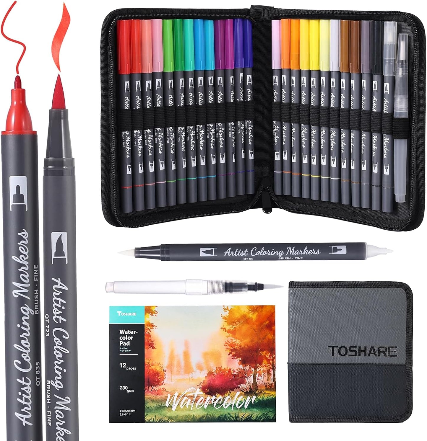 Watercolor Pens Set, 24-Color Dual Tip Paint Markers, Water-Based Coloring Markers with 1 Aquapen, 1 Colorless Blender, and 12-Page Pad, Art Supplies for Artists & Beginners