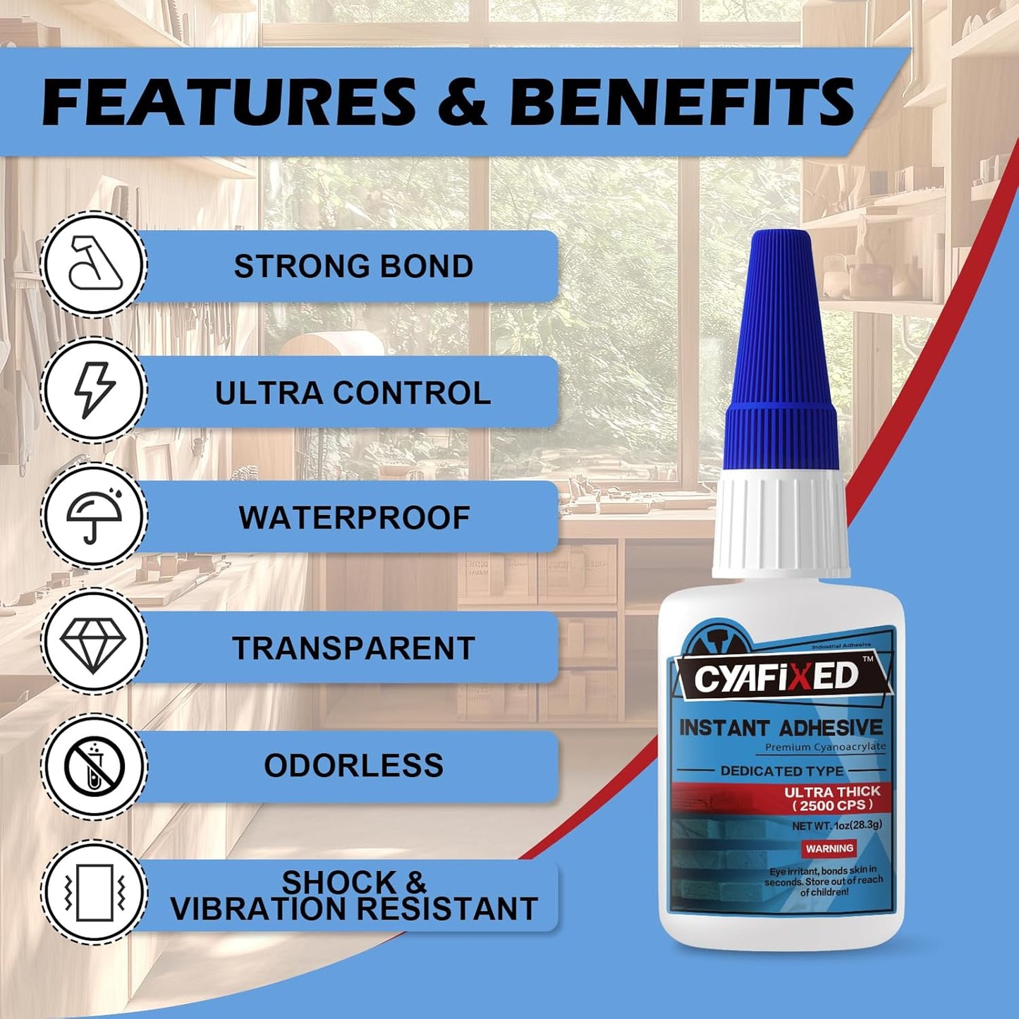 Professional Grade Cyanoacrylate Super Glue, Ultra Thick Viscosity CA Glue for Woodworking, 1 oz. (28.3 Grams) - Instant Adhesive for Woodworking, Gap Filling, Heavy Duty Wood Bonding