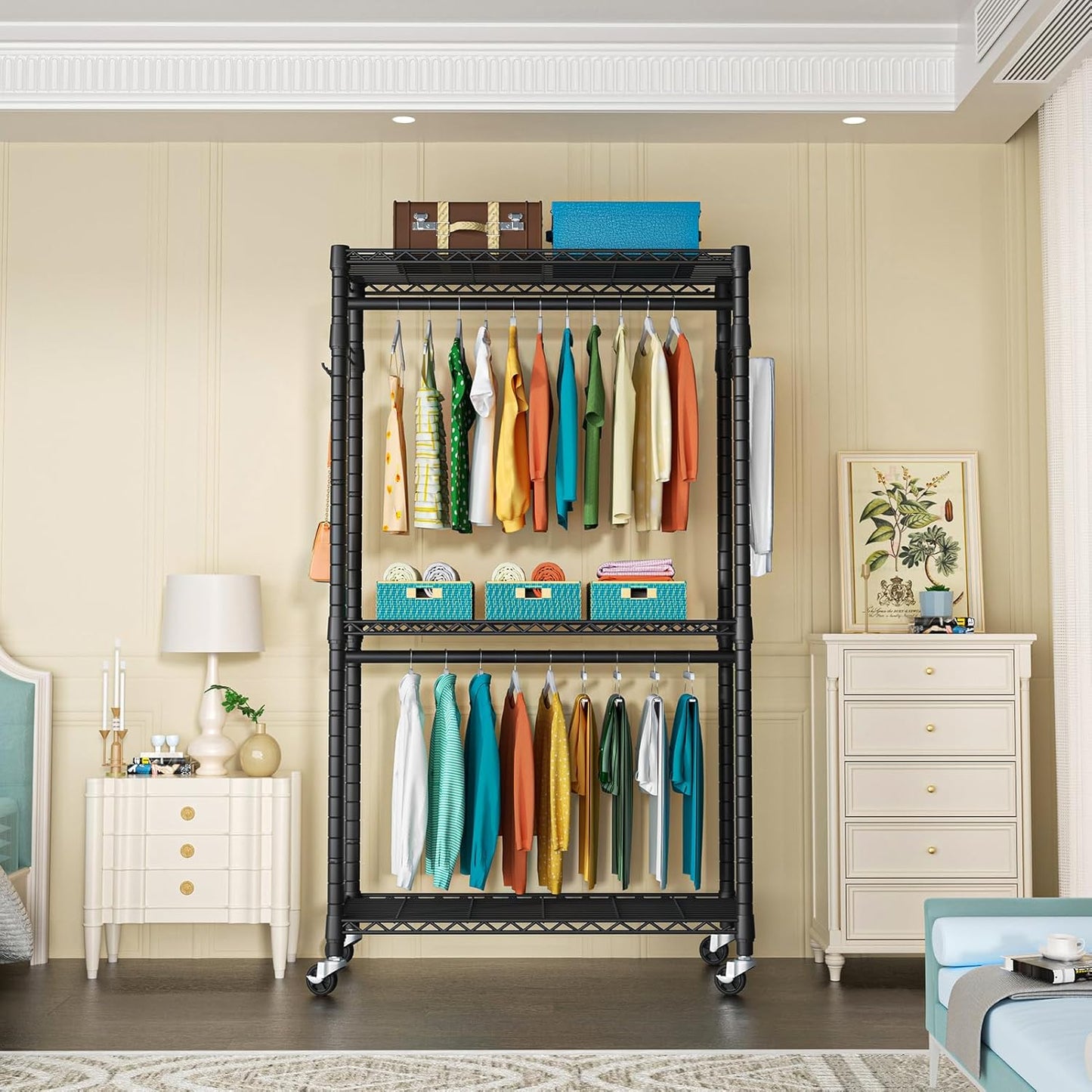 P1 Heavy Duty Garment Rack, 3 Tiers Adjustable Rolling Metal Closet Organizer with Lockable Wheels, FreeStanding Wardrobe with Double Hanger Rods & 1 Pair Hooks, Max Load 450 LBS, Black