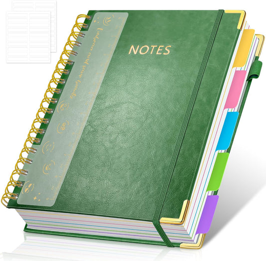 Hardcover Spiral Notebook Journal, 8"x10" Large B5 Notebooks with Removable Dividers Tabs, 300 Pages Leather 5 Subject Notebook College Ruled, Journal for Work School Note, 100 GSM Thick Paper,Green.