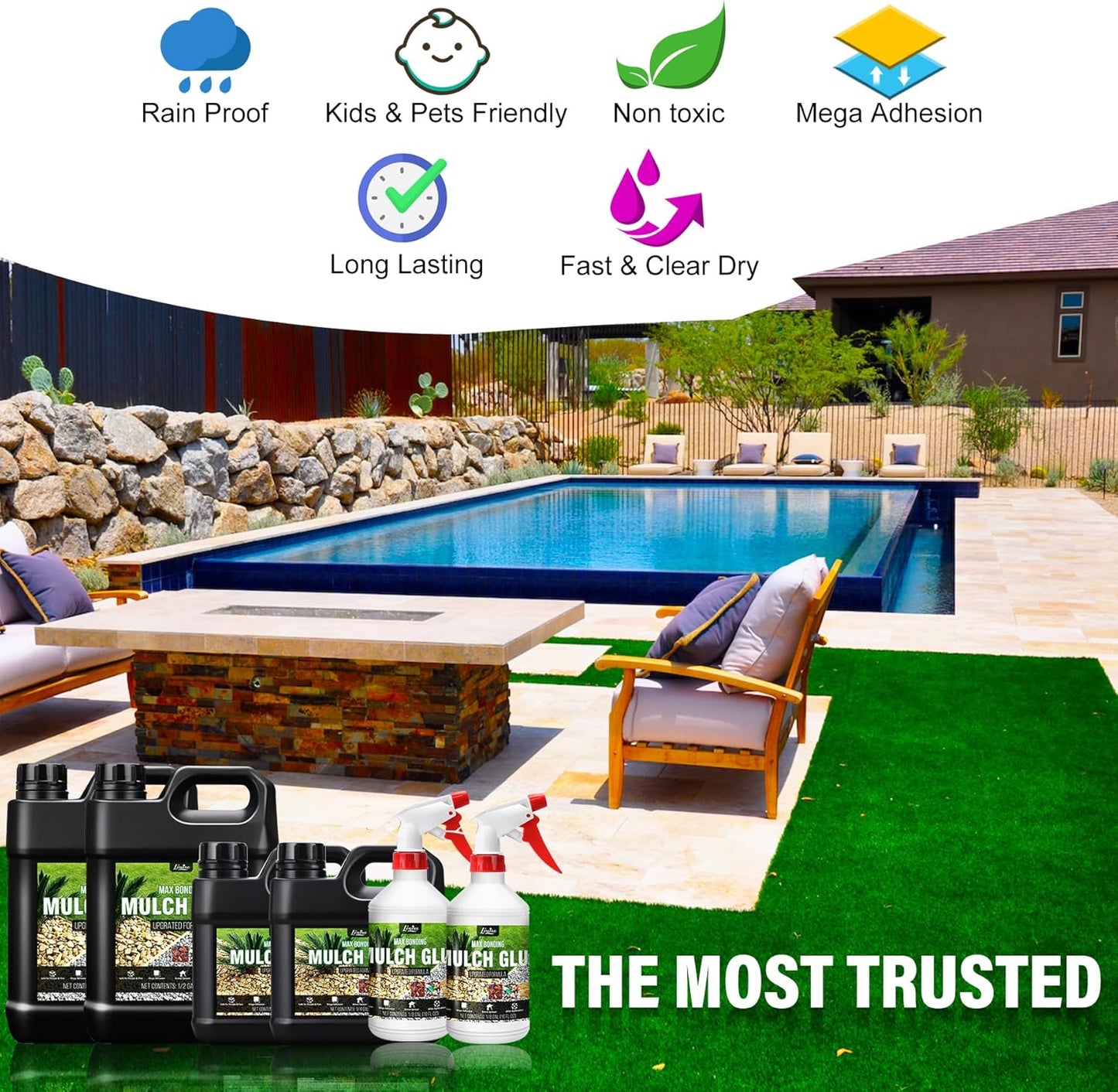 Mulch Glue - 128oz Concentrate Gravel Glue Strong Landscape Adhesive with Applicator for Landscaping, Garden - Safe Ready to Use Mulch Lock Gravel Stabilizer Glue for Pea Gravel, Rock, Leaf, Bark